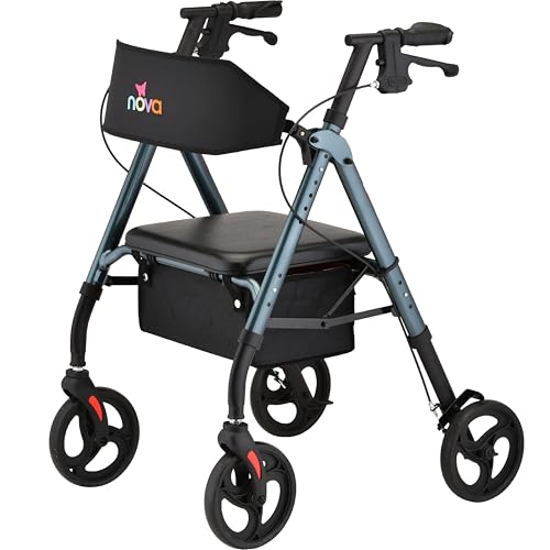 NOVA Star 8 Foldable Rollator Walker for Seniors (5362) Wide Padded Backrest with Seat 8 All-Terrain Wheels Easy-Grip Locking Hand Brakes Height Adjustable Blue