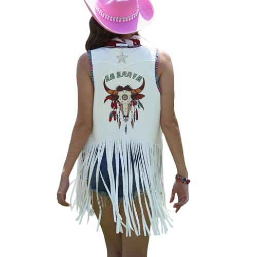 Women Tassel Sleeveless Rhinestone Cowgirl Vest 70s Hippie Faux Suede Fringe Jacket