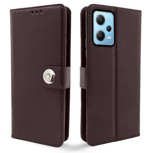 Image of Pikkme Poco X5 5G / Redmi Note 12 5G Flip Cover Leather Finish | Inside TPU with Card Pockets | Wallet Stand and Shock Proof | Complete Protection Button Flip Case (Coffee)