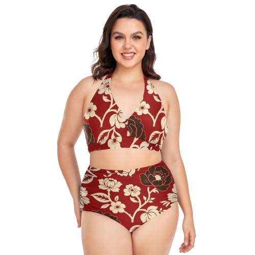 Bikini grande taille réglable noir pivoine rouge avec top gainant minceur intégré