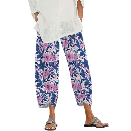 Women's Capris Pants Linen Wide Leg Plus Size Boho Cropped Wide Leg Summer Pants Loose Comfy Elastic Waist Sweatpants