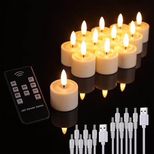 Rechargeable Tea Lights with Remote Timer, Battery Operated LED Tealight Flameless Candles, Flickering Tealights for Votive, Weddings, Parties, Halloween, Christmas, Home Decoration (12 Pack)