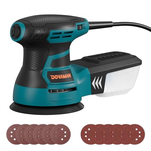 DOVAMAN ROS01A Ponceuse Orbitale, 350W Ponceuse Excentrique, 6 Vitesses, 13000 tr/min, Papier Abrasif 12 Pièces, Patin de Ponçage 125mm, Collecteur de Poussière, pour Surfaces en Bois et Acier -Orange