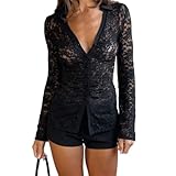 LOFAAC Women Sexy Deep V Neck Button Down Lace Long Sleeve Top Y2K Slim Fit See Through Collared Sheer Mesh Blouse Shirt Black