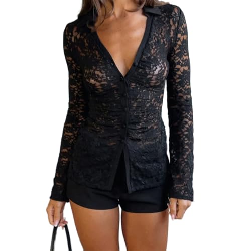 LOFAAC Women Sexy Deep V Neck Button Down Lace Long Sleeve Top Y2K Slim Fit See Through Collared Sheer Mesh Blouse Shirt Black
