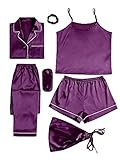LYANER Women's Pajamas Set 7pcs Silk Satin Sleepwear Loungewear Cami Shirt Pj Set Eggplant Purple X-Large