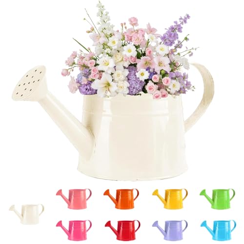 White Watering Can Metal 1 Gallon Matte Galvanized Metal Watering Can Vintage Sprinkling Tin Watering Can for Indoor Outdoor Plants Flowers Garden Indoor Outdoor (White)