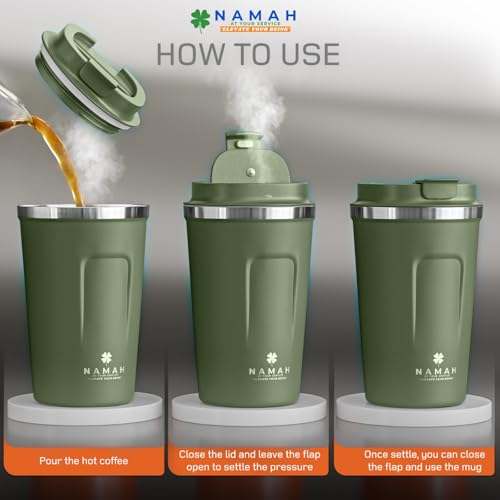 Image of Namah Insulated Coffee Travel Mug 380 ml with Lid, Leak Proof Stainless Steel Thermosteel Vacuum Insulated Mug, Hot & Cold Reusable Coffee Mug for Office, Car Cup Holder Friendly