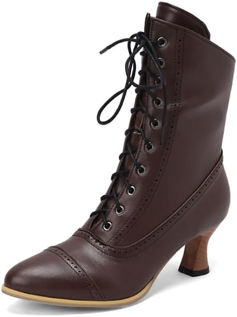 Ankle Boots for Women Retro Mid Calf Victorian Boots Pointed Toe Black Short Booties Low Kitten Heel Vintage Lace Up Witch Knight Boot Winter Fashion Office Dance Costume Dress Shoes