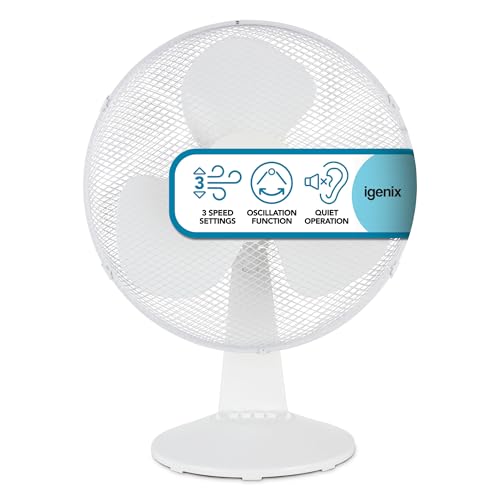 Igenix DF1610 16 Portable Desk Fan 50W 3 Speed Settings Quiet Oscillating Airflow with Adjustable Tilt Ideal for Home Office or Bedside White