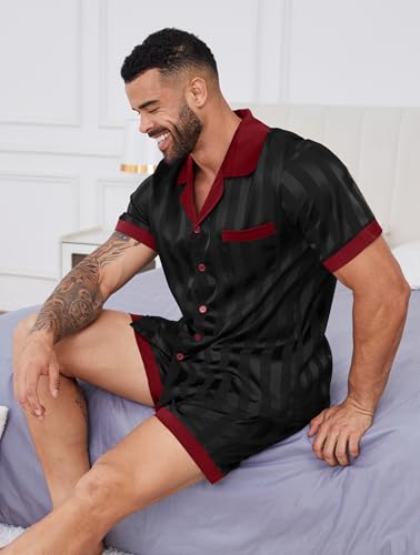 Image of DEARCASE Men's Satin Silk Pajamas Set Classic Button Down Sleepwear 2 Piece | Soft and comfortable silk fabric, lightweight, spliced color sexy lounge wear, short sleeve sleepwear shorts with Pockets