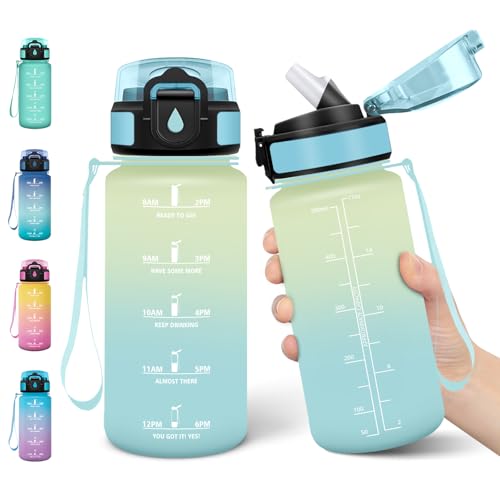 Motswedi Botella Agua Niños, 500ml con Pajita, Cantimplora Infantil, a Prueba de Fugas, Botellas de Agua para Niños, con Marcador de Tiempo, Cantimplora, para Escuela, Yoga, Blanquecino Azul claro