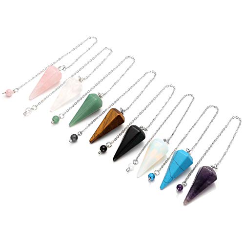 Top Plaza Natural Amethyst Rose Quartz Clear Crystal Opalite Multifaceted Pointed Pendulums Reiki Healing Pendants (1 Set (8pcs))4