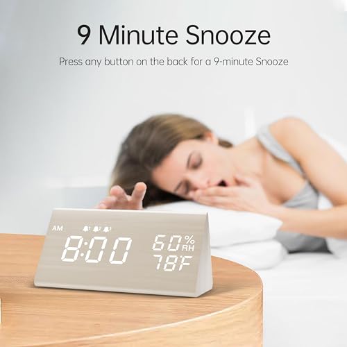 Image of Digital Alarm Clock, with Wooden Electronic LED Time Display, 3 Alarm Settings, Humidity & Temperature Detect, Wood Made Electric Clocks for Bedroom, Bedside (White)