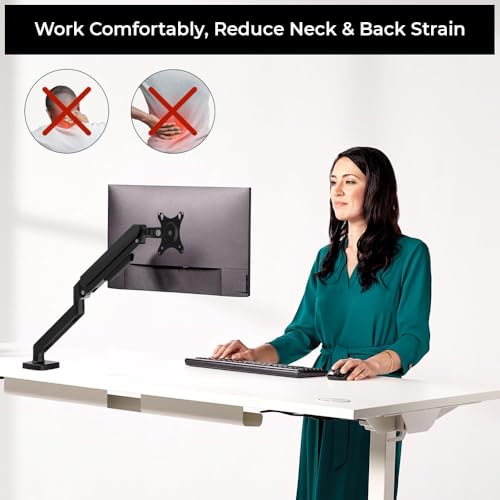 Image of Single Monitor Arm Gas Spring Stand - Aluminum Alloy & Steel| Fits 13 inch-30 inch Screens| 2-9KG Load Capacity| 1 Year Warranty| VESA Mount 75x75 /100x100 Compatible| Clamp & Grommet Installation - Black