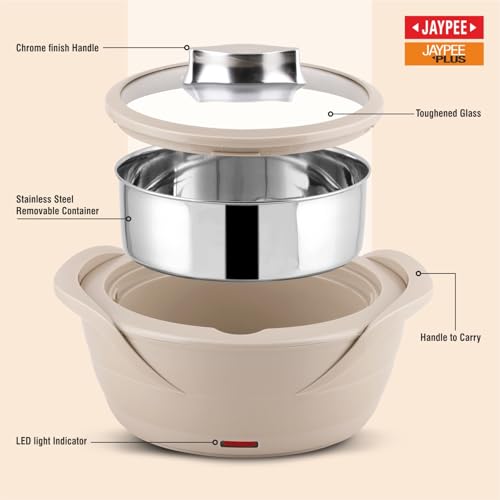 Image of Jaypee Plus Power Serve Inner Stainless Steel Electric Casserole with Glass Lid, 1500 ml, Removable Steel Bowl for Easy Cleaning |Food Grade Serving Set |Ideal for Serving Warm Dish, Beige