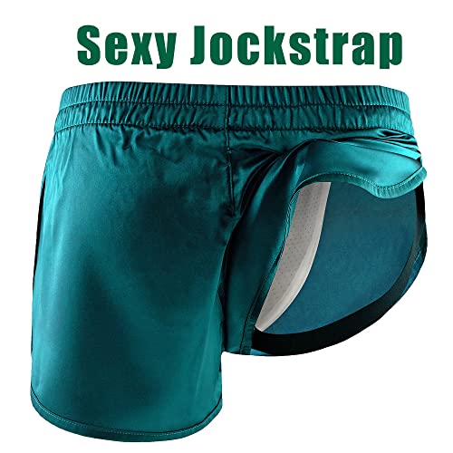 Rexcyril Cueca masculina boxer Jockstrap sexy, cetim sedoso dividido lateral academia corrida shorts