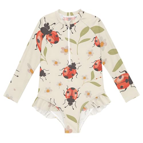 Girls One Piece Swimsuits Long Sleeve Swimsuit Zipper Bathing Suits Lady Bugs Flower