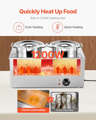 Image of VEVOR Electric Soup Warmer, Two 6.34QT Stainless Steel Round Pot with 86~185F Adjustable Temp, 1200W Commercial Bain Marie Compatible with Pans, Soup Station for Restaurant, Buffet