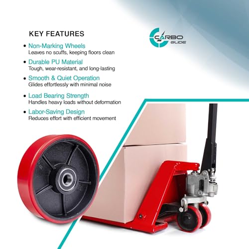 pallet jacktruck steering wheels set with axle fasteners and protective caps 4 pcs 734 x 234 with bearings id 20mm poly tread red tool kit included
