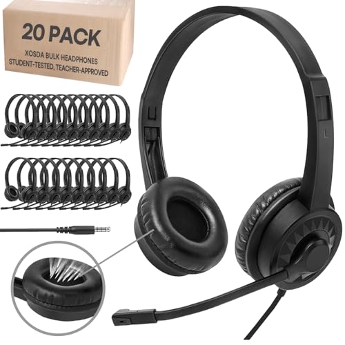 XOSDA 20 Pack Bulk Headset with Microphone for Classroom, Noise Canceling Computer Headphones with Microphone for Office, Durable 3.5mm Wired Headset with Mic for Meetings Laptop PC