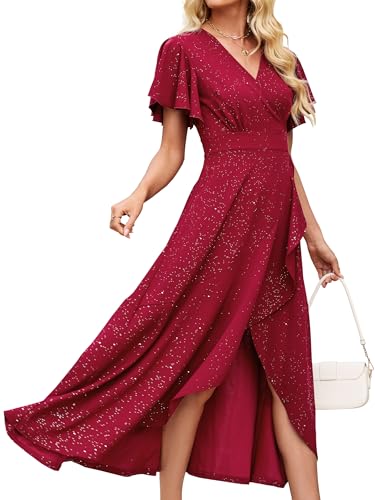Image of Long Black Formal Dresses for Women Gowns Evening Party Cocktail Dress,Split Elegant V Neck Wrap Ruffle Wedding Guest Dresses