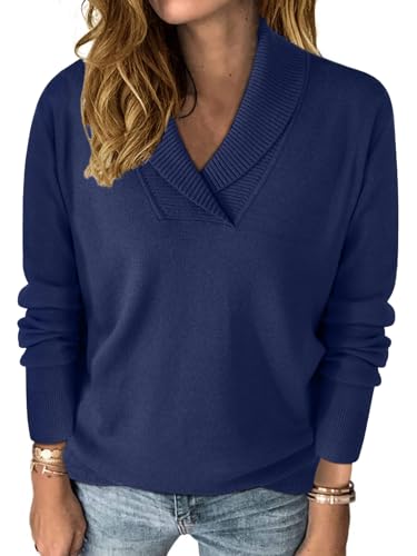 HDLTE Casual V Neck Sweaters for Women – Shawl Collar Long Sleeve Work Sweater Dressy