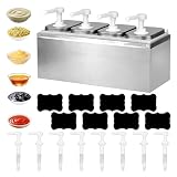 8L Ketchup Spender, Saucenspender mit 4 Pumpen, 8 Etiketten, Abnehmbar, Edelstahl-Gewürzpumpstation Küchensoßenspender, Salat Marmeladen Gewürz Gewürz Quetschpumpenbehälter für Küche und Restaurant