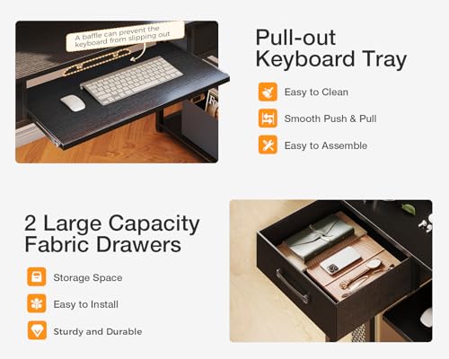 63 Inch Office Desk with Drawers, Power Outlet, Keyboard Tray, Storage Shelves, PC Stand, and Monitor Stand in Black