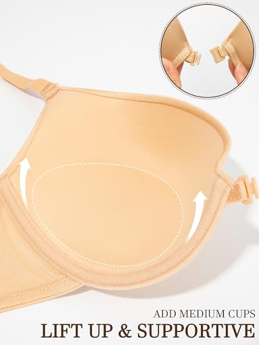 Image of Front Closure Bra Push Up Plunge V Front Clasp Bras Padded Add Cup Demi Underwire Lift T Shirt Smooth Bralette(Warm Nude, 36D)