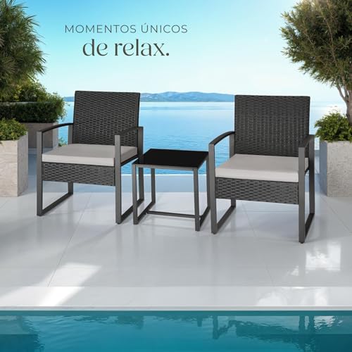 TecTake® Conjunto Jardín Exterior para 2 Personas, Muebles de Jardin 2 Sillas Ratán con Cojines y Mesa Terraza con Tablero Vidrio de Seguridad, Fundas Extraíbles, Robusto y Resistente a la Intemperie - Image 8