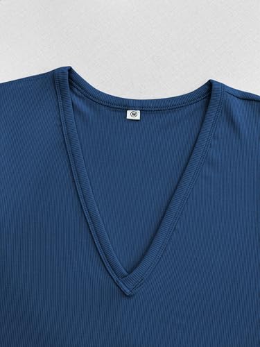Image of Albe Rita Women Short Sleeve T-Shirt Cap V Neck Shirts for Women Ribbed Casual Top Knit Slim Fit for Summer