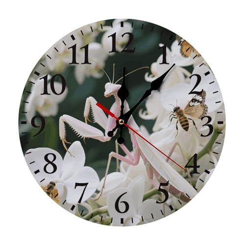 Horloge murale interactive Orchidée Mantis pour chambre à coucher, horloge ronde silencieuse sans tic-tac pour cuisine, salle de bain, salon, bureau,...