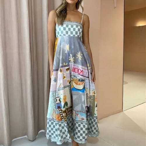 Spring 2025 New Sleeveless Collarless High Waist Print Painted Large Swing Slip Dress