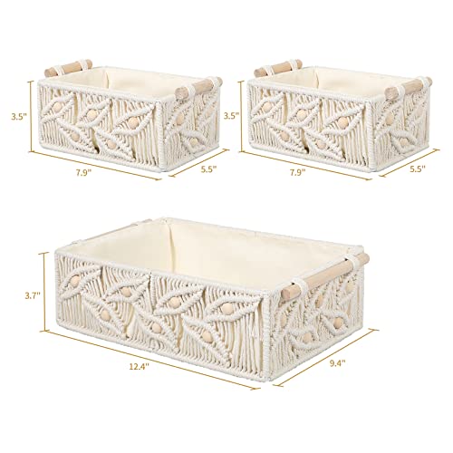 Anminy Macrame Storage Baskets Set 3Pcs Handmade Cotton Woven Decorative Boho Desk Storage Bins Boxes With Wood Handles Wooden Beads Nursery Baby Kid Towel Paper Large Small Shelf Organizer Container #TOP3