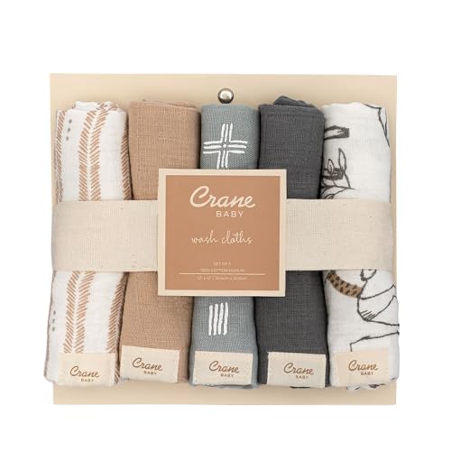 Image of Crane Baby Wash Cloth Set, 100% Cotton, Set of 5, Woodland Animal Theme, Muslin Washcloths for Newborn, Baby Registry Gift