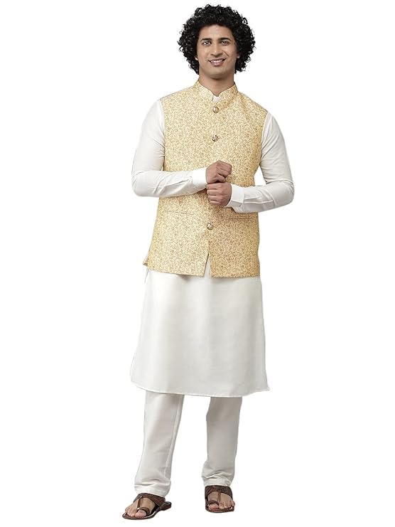 see designs Men Gold & White Solid Kurta Pyjamas With Nehru jacket-picture-56