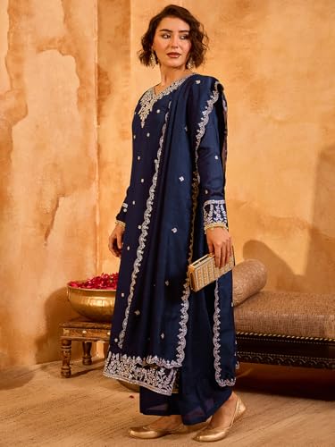 Image of Naixa Women's Vichitra Silk Embroidered A-Line Kurta with Pant and Dupatta Sets (NX-845)