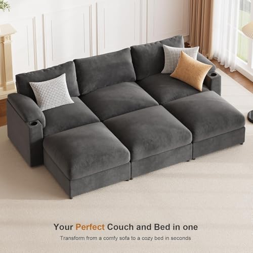 Image of Sectional Couches for Living Room FSC Certified Velvet Modular Couch Oversized Cloud U Shaped Convertible Sleeper Sofa Chaise Detachable Armrest Cushion (Velvet Grey, U Shape 6 Seat)
