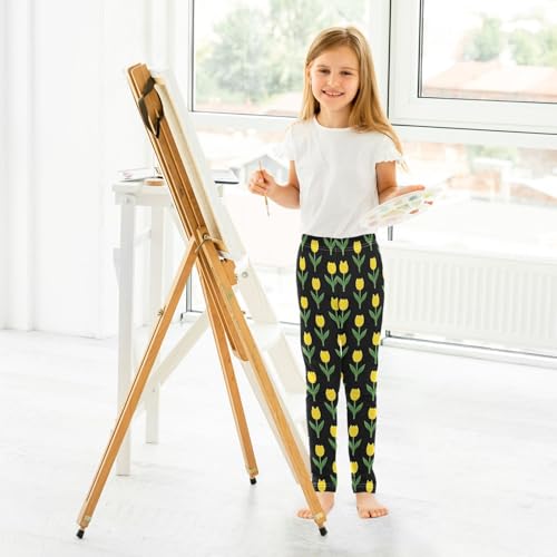 ALAZA Girls' Leggings Children's Yoga Pants Skinny Printed Dance Yellow Tulip Black Comfortable 4T4