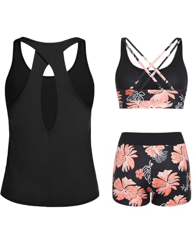Image of Tempt Me 3 Piece Tankini Swimsuits for Women Athletic Bathing Suits Swim Tank Top with Boy Shorts and Bra Modest Swimwear