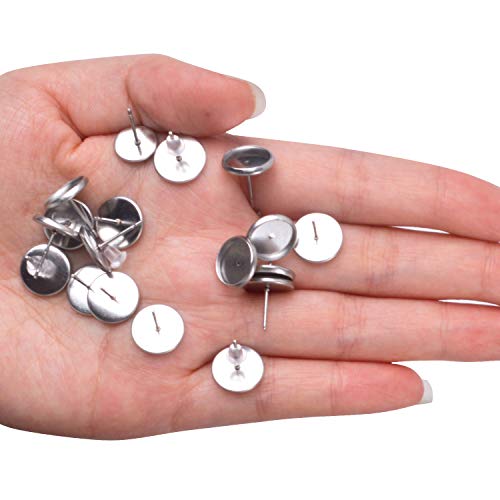 Bronagrand 50 Pieces Stainless Steel Stud Silver Earring Cabochon Setting Post Cup For 10Mm And 50 Pieces Clear Rubber Earring Safety Backs #TOP1