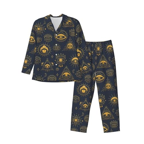 Evil Eye Print Pajamas Set Mens Long Sleeve Pyjamas Sets Button Down Nightwear Homewear Casual Sleeping Shirts Pants