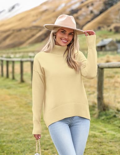 Image of Zeagoo Women's Turtleneck Sweater 2026 Fall Winter Chunky Knitted Pullover High Low Hem Trendy Basic Jumper Top Yellow