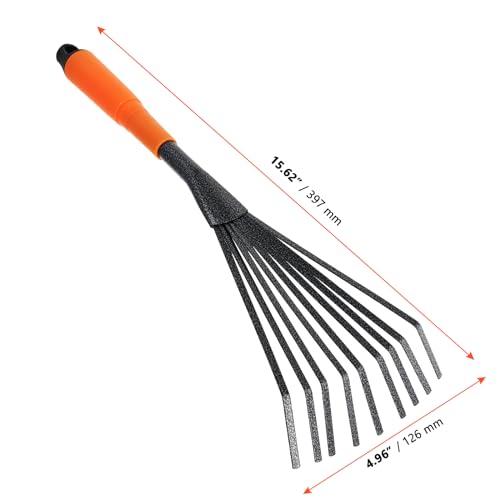 SINJEUN 4 PCS Mini Garden Rakes, 9 Claws A3 Steel Hand Leaf Rakes with Orange Black Handle, Fallen Leaves Rakes for Gardening - Image 2