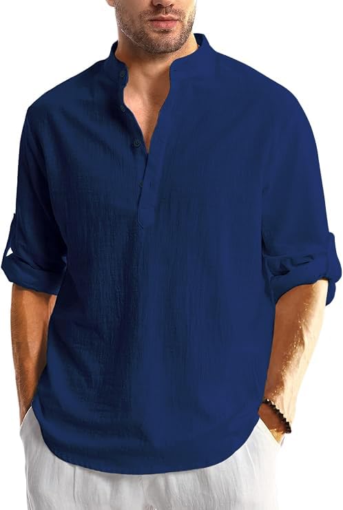 Image of Men's Full Sleeve Beige Color Cotton Blend Mandarin Slim Fit Shirt Style Kurta for Men and Boys