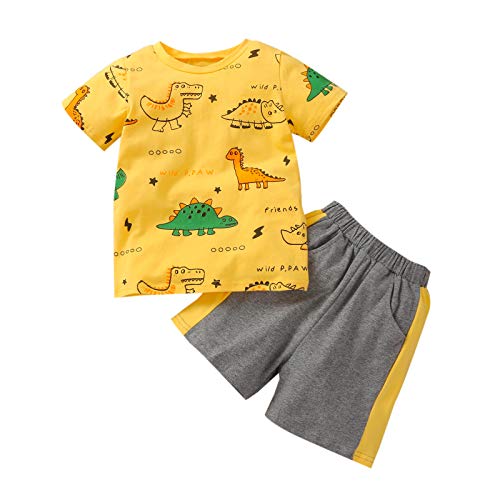 Geagodelia 2 Pezzi Completo Bambino Neonato Estivo Maglietta Manica Corta T-Shirt Camicia con Stampa Dinosauri + Pantaloncini Tuta Bambino Sportiva in Cotone Estate (Giallo, 12-18 Mesi)