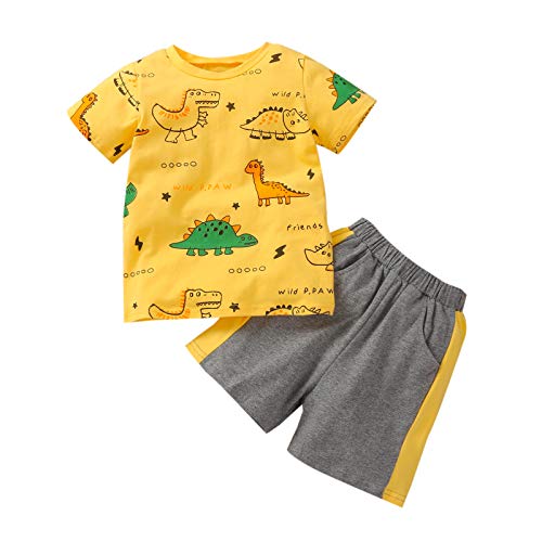 Toddler Baby Boy Dinosaur Clothes Short Sleeve Cartoon T-Shirt Tops Pullover Shirt Splicing Shorts Pants Summer Outfits (Yellow,3-4T)