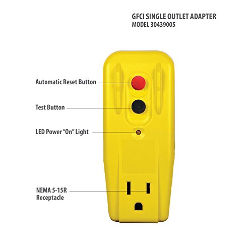 Tower Manufacturing 30439005 Auto-Reset 15 Amp Grounded 3-Prong Gfci Single Outlet Adapter, Yellow #TOP2