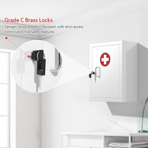 Wensha Locking Medicine Cabinet Wall-Mount: Storage Cabinet with Lock & Key - White Metal First Aid Kits for Childproofing and Family Safety